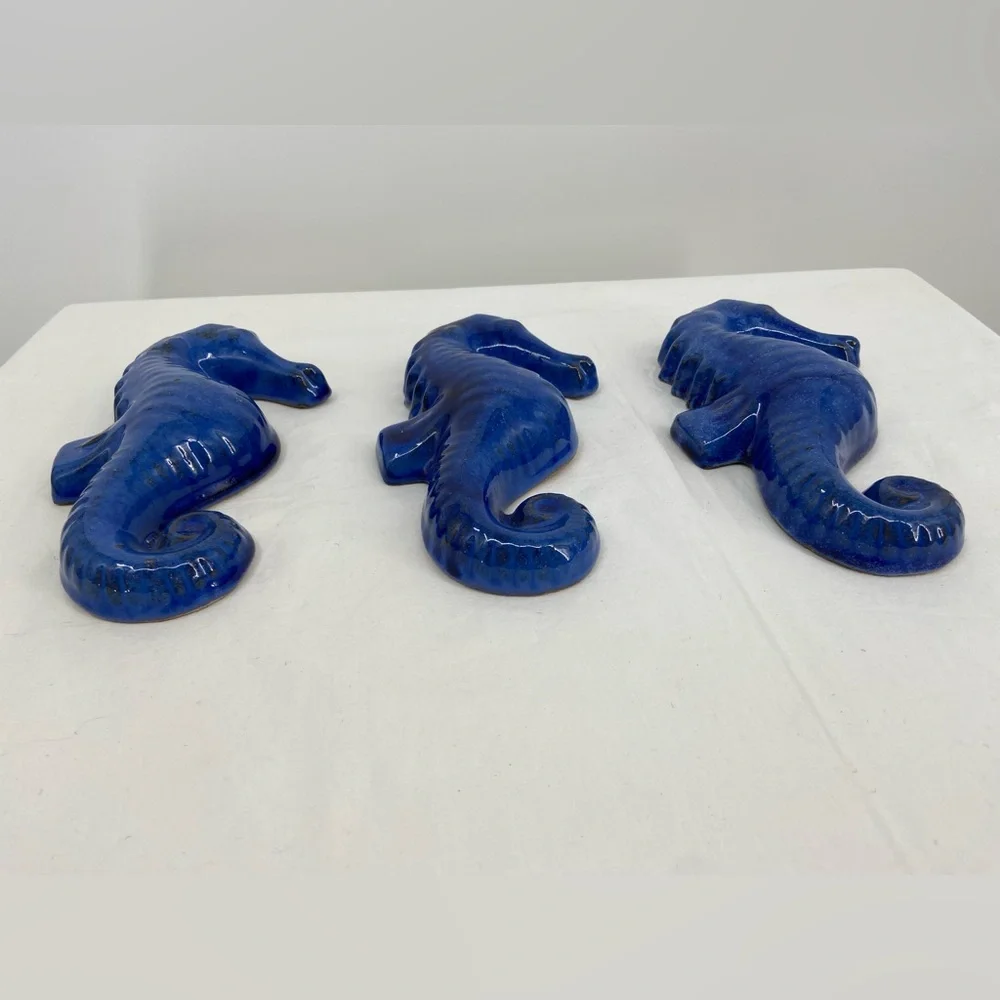 Seahorses Glazed‎ Terracotta Pottery Cobalt Blue 8” Tall
